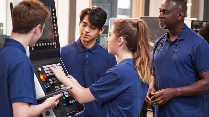 student apprentices receiving instruction on using a high-tech machinery in a shop