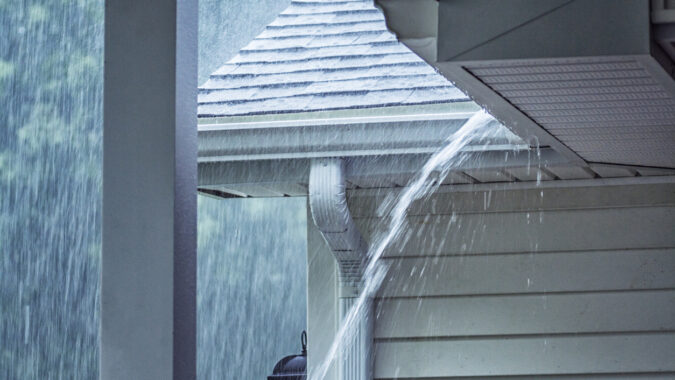 Rain storm water is gushing and splashing off the tile shingle roof - pouring over the overhanging eaves trough aluminum roof gutter system on a suburban residential colonial style house near Rochester, New York State, USA during a torrential July mid summer downpour.